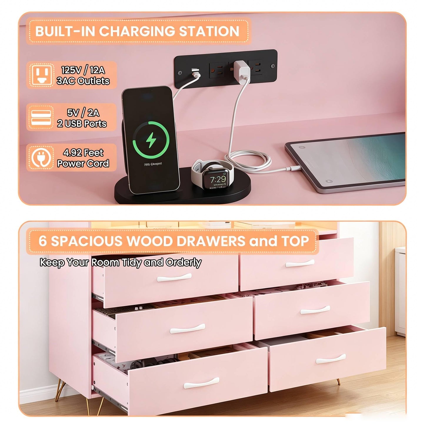 GarveeHome Modern 6-Drawer Dresser with Power Outlet & LED Light | Wooden Chest with 2-Tier Open Shelves & Wide Drawers for Bedroom, Living Room, Entryway, or As a TV Stand