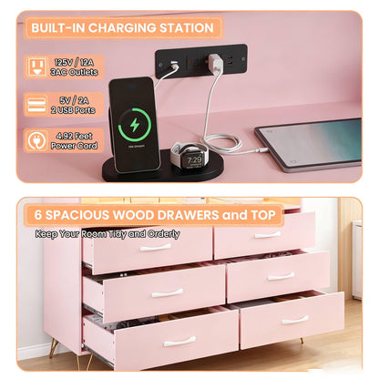 GarveeHome Modern 6-Drawer Dresser with Power Outlet & LED Light | Wooden Chest with 2-Tier Open Shelves & Wide Drawers for Bedroom, Living Room, Entryway, or As a TV Stand