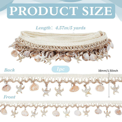 PH PandaHall 5 Yards 1-1/2 Inch Shell Fringe Trim Starfish & Shell Charms Boho Lace Ribbon Ethnic Style Craft Ribbon Fringes Trim with Shells for Clothing Lampshade Curtain Home Beach Party Decor