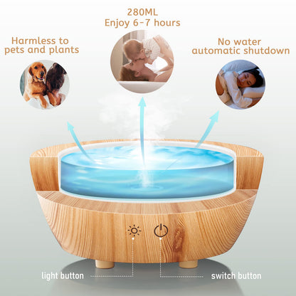 Glass Essential Oil Diffuser Wood Grain Base, 280ml Aromatherapy Diffusers Cool Mist Humidifier, LED Light in 7 Colors with Waterless Auto-Off Protection, for Office, Home, Yoga, Spa