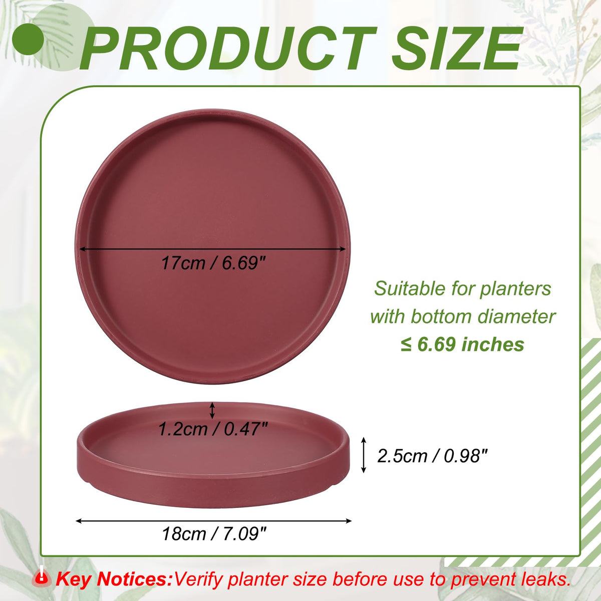 YELARXI 6.7 Inch Ceramic Plant Saucers, Round Flower Planter Water Trays Ceramic Plant Saucer Pot Tray -Fitting for (Outdoor/Indoors/Garden/Planting/Water/Flower/Coffee) Burgundy