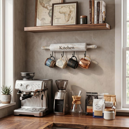 MyGift Wall Mounted Kitchen Utensil Rack, Rustic White Washed Wood Rolling Pin Cooking Tool Hanger with 4 Hooks for Aprons, Dish Towel, Mugs, Spoons
