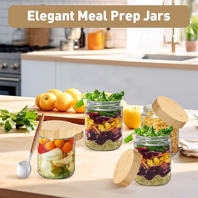 16oz Overnight Oats Jars,Overnight Oats Containers with Bamboo Lids for Meal Prep,Wide mouth Mason Glass Salad Jars with Spoons,Glass Food Storage Container for Yogurt Chia Pudding Spice Sugar(6Pack)