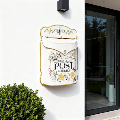 Wall Mount Mailbox for Outside Vintage Mail Boxes for House Outside Metal Door Mailbox Drop Box Antique Style Nostalgic Charm Home Decorative, Flower Pattern, Pink