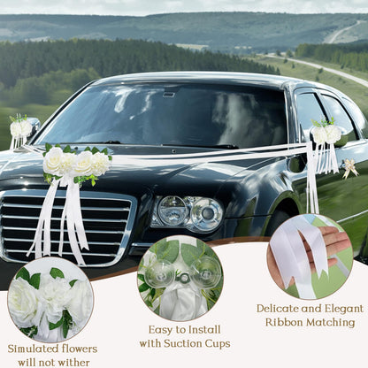 CusDusk White Wedding Car Decoration Kit – Floral Hood Arrangement, Side Mirror Flowers, Satin Ribbons & Door Handle Bows Tapes for Bridal Weddings Vehicles