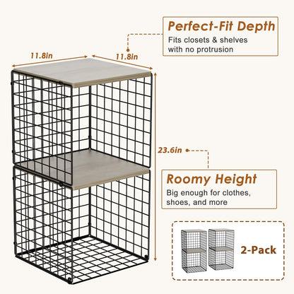 Hencawima 4-Tier Stackable Closet Organizers and Storage, Dual-Layer Reinforced Clothing Cube Shelves with Wood Tops, Sturdy Clothes Storage Bins & Shelf Basket for Wardrobe, Closet Organizer System