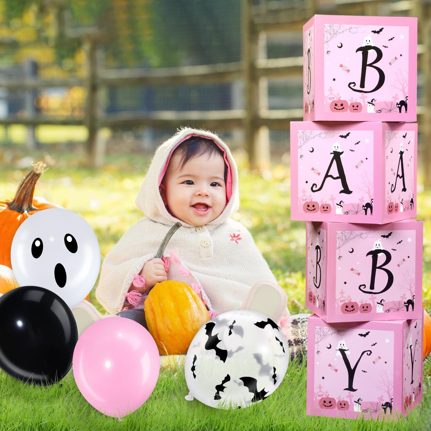 Hiboom 74 Pcs Halloween Balloon Boxes Baby Shower Decorations Pink and Black Halloween Baby Blocks Latex Balloons Garland Arch Kit for Baby Girls Happy Boo Day Birthday Party Supplies Photography Prop