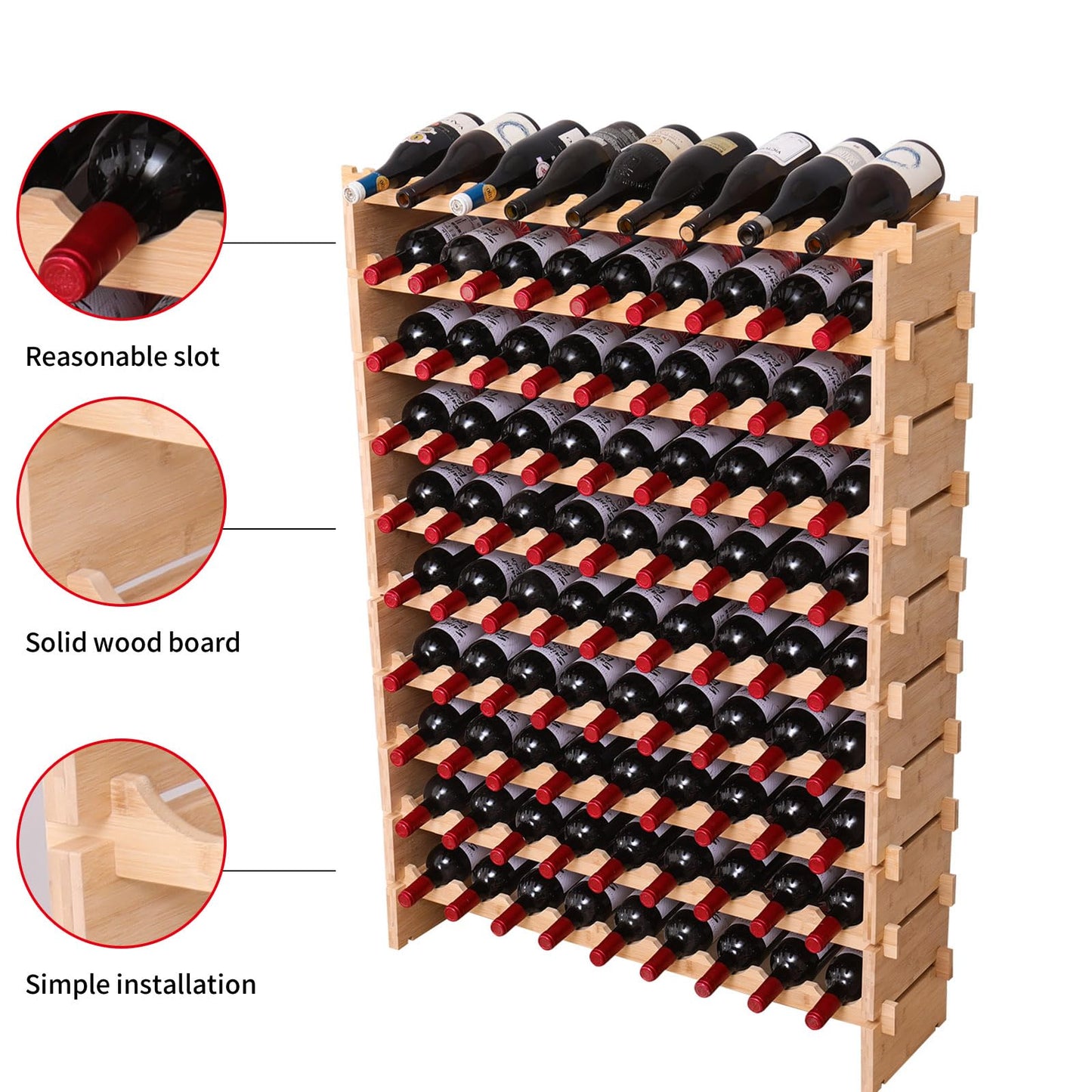 fcxagy 90 Bottle Bamboo Wine Rack Stackable Storage Freestanding Floor Wooden Modular fWine Rack Shelf