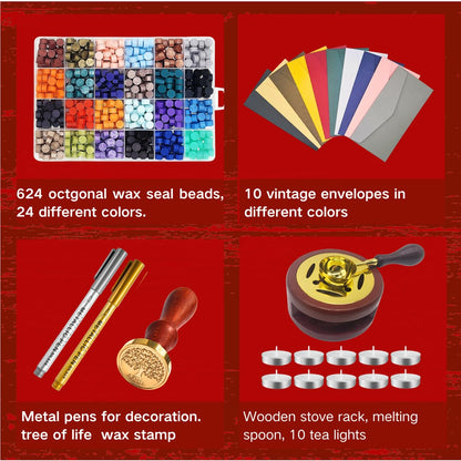 xxxHOLIC Wax Seal Kit with Copper Stamp – 624 Beads in 24 Colors, Smokeless & Crack-Resistant Wax Seal Set with Melting Station & Gilding Pens for Wedding Invitations & Gift Wrapping