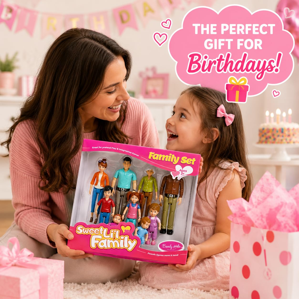 Beverly Hills Sweet Li’l Family Bendable Mini Dollhouse Figures | Set of 9 Grandpa, Grandma, Mom, Dad, Sister, Brother, Toddler, Twin Boy & Girl Pretend Play (1:12 Scale)