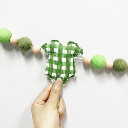 Sage Green Plaid Baby Clothes Decorations Pre-Strung Handmade Felt Baby Clothes Wooden Bead Wool Felt Ball Banner Garland for Neutral Gender Reveal Baby Shower Party Nursery Fireplace Home Decor