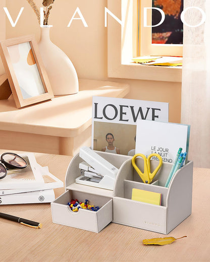 Vlando Office Supplies Desk Organizer Caddy, PU Leather Office Organization and Storage,Desktop Hanging File Letter Document Storage Holder with Drawer Beige
