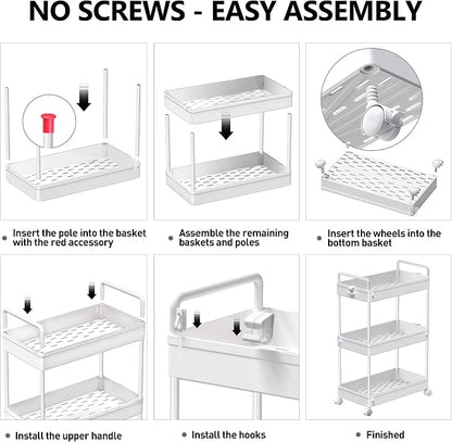SOLEJAZZ 3 Tier Rolling Storage Cart with Wheels Slim Craft Nail Makeup Snack Art Baby Utility Cart Organizer on 2 Lockable Wheels for Bathroom Laundry Room Kitchen Bedside Narrow Spaces, White