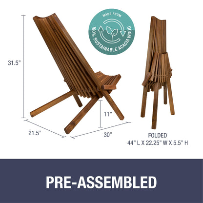CleverMade Tamarack Folding Wooden Outdoor Chair -Stylish Low Profile Acacia Wood Lounge Chair for the Patio, Porch, Lawn, Garden or Home Furniture - Cinnamon