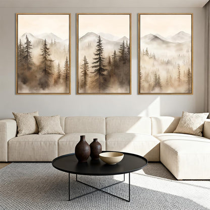 IARTTOP Large Mountain Forest Framed Canvas Wall Art 16x24 Inch Set of 3 Abstract Misty Woodland Painting Modern Farmhouse Art Prints for Living room Dining room