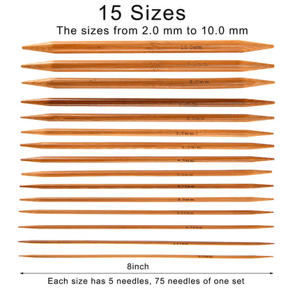 Double Pointed Knitting Needles Set,75 Pcs Wooden Bamboo Knitting Needles Kit,15 Sizes from 2.0mm-10.0mm,with Small Tools,Straight Wood Needles for Beginners,Making Sweater,Scarf,Sock,Weave