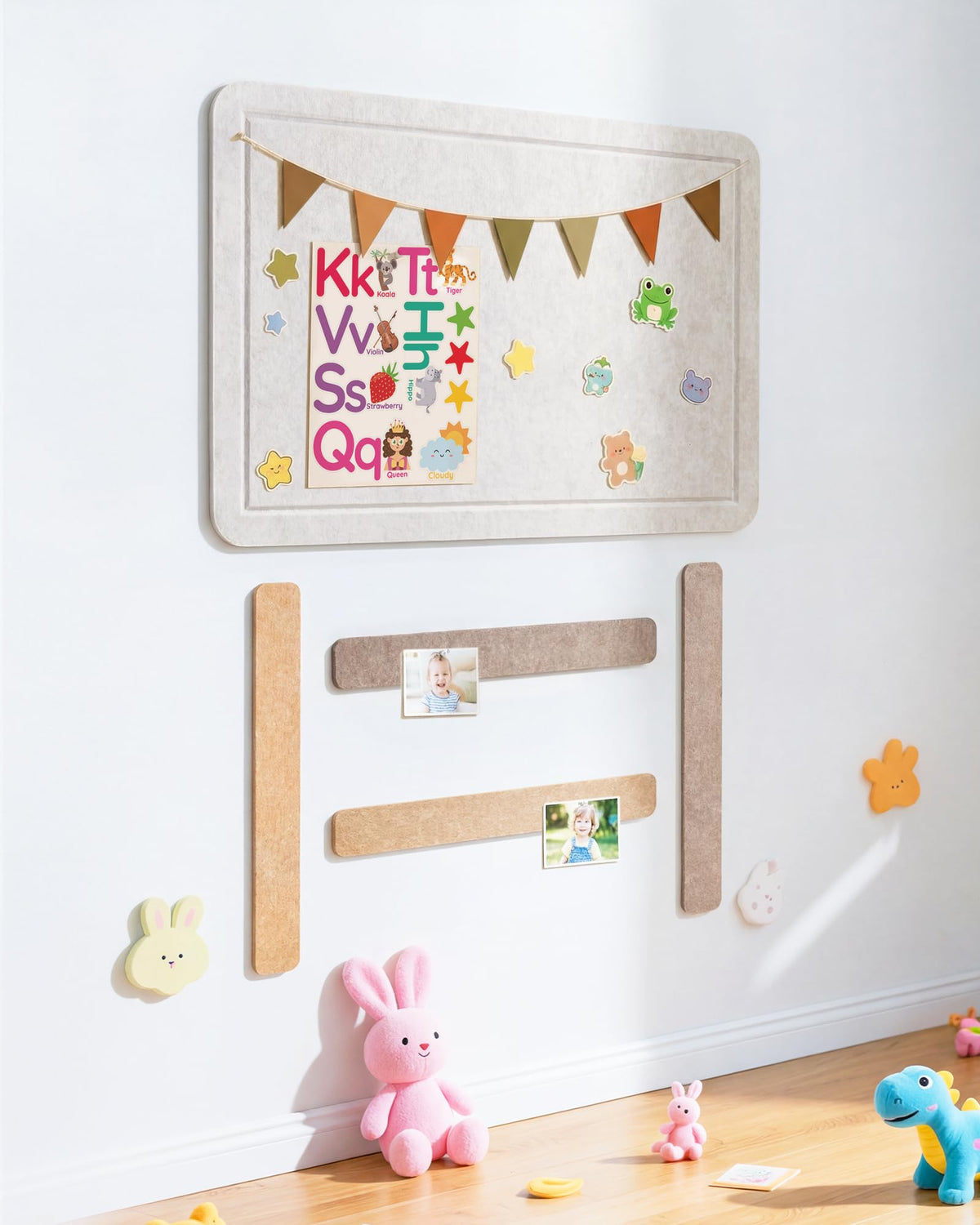 Small Felt Bulletin Board and 4 pcs Bar Strips Set, 24"X16" Cork Board Alternative with Removable Adhesive Tabs, 30 Push Pins for Office, Classroom, Bedroom, Walls Decorations - Oatmeal
