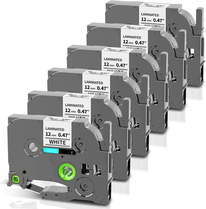 Label Maker Tape Replacement for Brother P Touch Label Tape 12mm 0.47 Laminated White TZe-231 TZe231 TZe TZ Label Maker Refills for Brother PT-D220 D210 H110 D410 D610BT, 12mm x 8m, 6-Pack