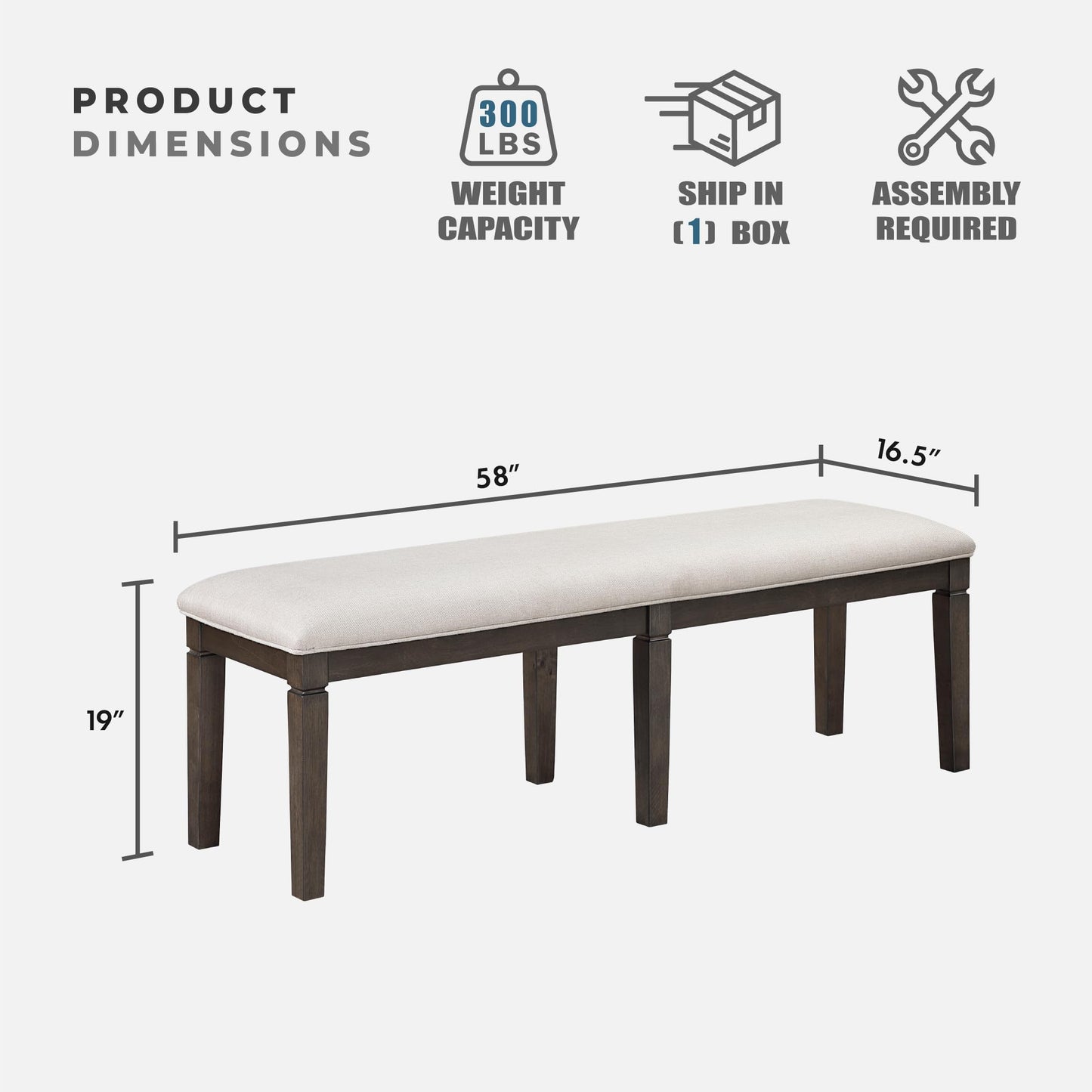 Lexicon Dining Bench with Padded Seat and Wooden Frame, 58" W Entryway Bench, Beige Textured Fabric Upholstered Dining Seat for Kitchen/Living Room, Easy Assembly, Dark Espresso