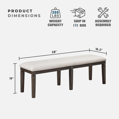 Lexicon Dining Bench with Padded Seat and Wooden Frame, 58" W Entryway Bench, Beige Textured Fabric Upholstered Dining Seat for Kitchen/Living Room, Easy Assembly, Dark Espresso