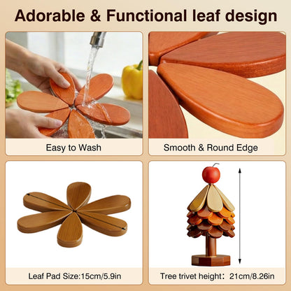 Wooden Trivets for Hot Dishes Tree Trivet Set with Apple Topper, 5-Layer Wooden Hot Pad for Table Protection, Foldable Heat Resistant Mat, Festive Coaster & Holiday Kitchen Decor