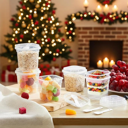 Jingmore 50 Pack 9.5oz Clear Plastic Yogurt Parfait Cups Disposable Overnight Oats Containers with Lids and Spoons Cake Fruit Jars for Food Storage Salad Ice Creams Pudding Snacks (Square Style)