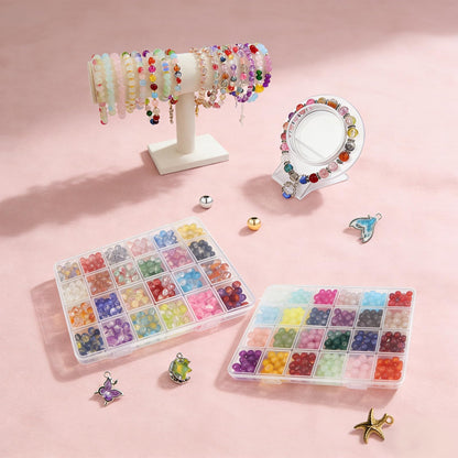 【3 Pack】 8mm Glass Beads for Jewelry Making，1800+pcs 72 Colors Round Crystal Glass Beads DIY Bracelet Making Kit with Accessories，Solid、Crackle and Gradient Colors 3 Box