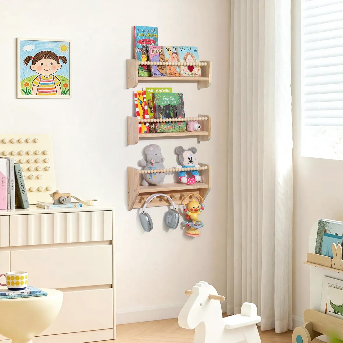 HiMummy Nursery Floating Shelves for Kids Rooms – 16 Inches Floating Wall Bookshelves, Space - Saving for Kids Room, Bedroom and Study Room,Set of 3 (Pre-Strung Bead Strings)