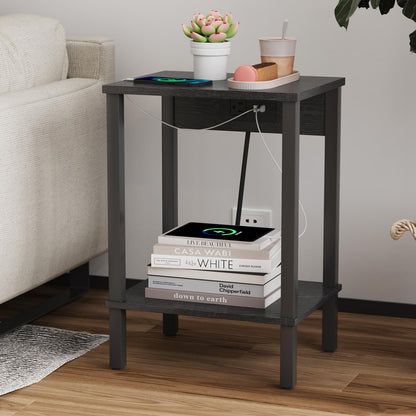 VIMBER Side Table with Charging Station, Set of 2 End Tables with USB Port and Outlets, Nightstands with 2-Tier Storage Shelves, Sofa Table for Small Space, Living Room, Bedroom Black 102B2