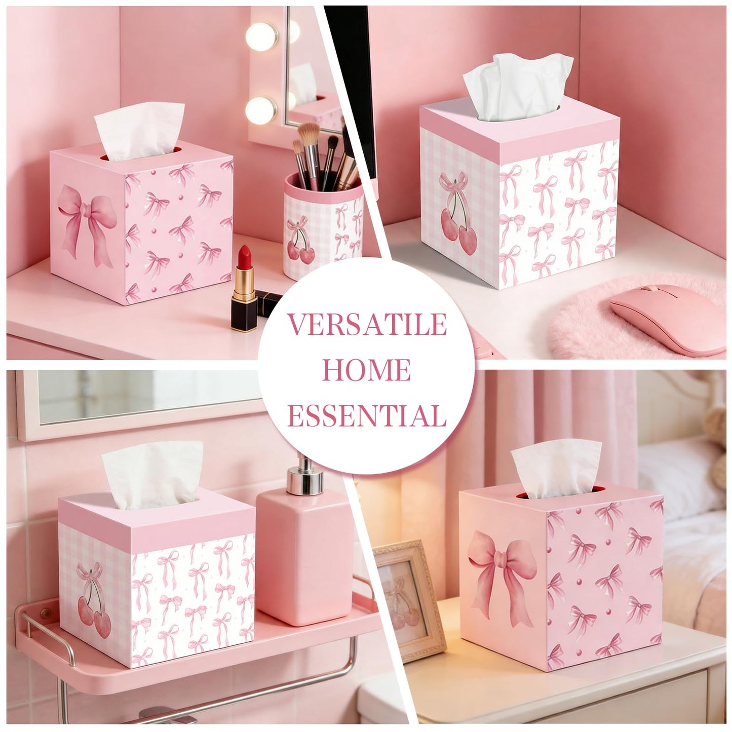 2 Pcs Pink Bow Tissue Box Cover 5.9 x 5.9 x 5.9 Inch Wooden Coquette Bow Decorative Tissue Box Holder Square Paper Towel Holder Cube Boxes Funny Cube Case for Home Pink Party Decorations Supplies
