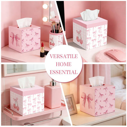 2 Pcs Pink Bow Tissue Box Cover 5.9 x 5.9 x 5.9 Inch Wooden Coquette Bow Decorative Tissue Box Holder Square Paper Towel Holder Cube Boxes Funny Cube Case for Home Pink Party Decorations Supplies