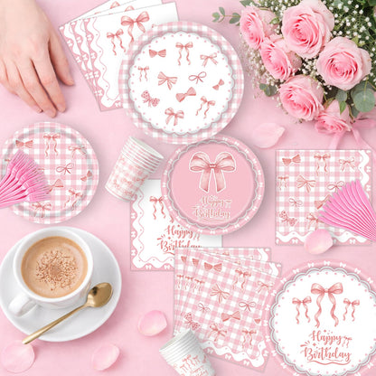 219 pcs Pink Party Decorations Set with Bow Theme, Plates, Napkins, Cups, Cutlery, Balloons, Happy Birthday Foil Banner, Bow Foil Balloons, Tablecloth, and Stickers, Serves 24
