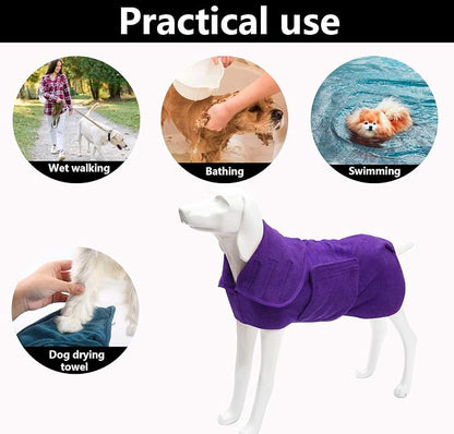 Geyecete Dog Drying Coat - Dog Bathrobe Towel - Microfibre Fast Drying Super Absorbent Pet Cat Bath Robe Towel, Luxuriously Soft - Purple - M