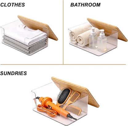 3 Pack Trash Bag Holder, Stackable Garbage Bag Dispenser with Lid | Clear Plastic Organizer with Bamboo Lid, Space-Saving Under Sink Storage for Kitchen, Laundry Room, Pantry & Cabinet