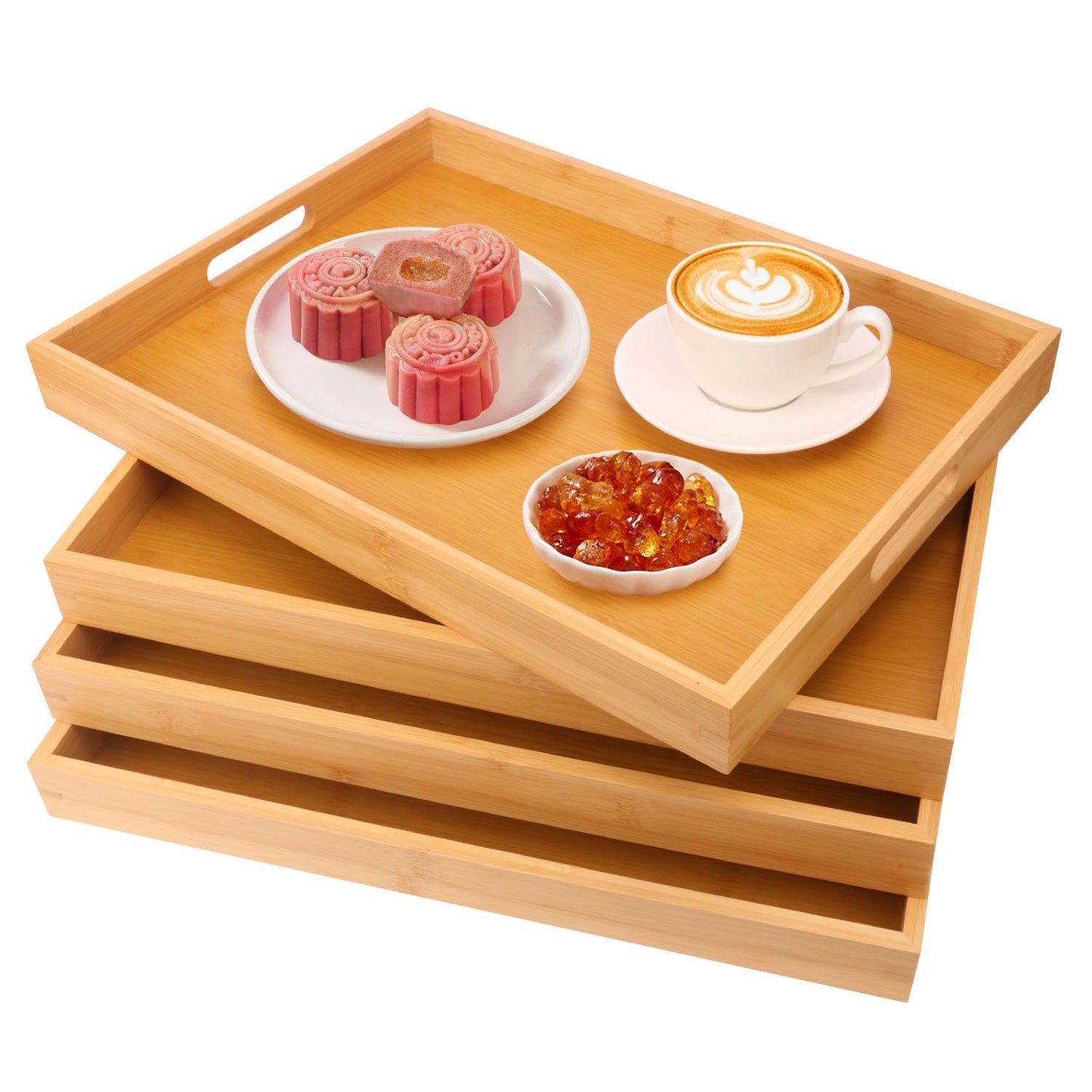 Geytetqi 4 Pack Large Bamboo Serving Tray with Handles - 16 x 11.6 Inch Wooden Dinner Tray, Home Kitchen Decorative Tray, Breakfast Trays for Eating on Couch, Lap Trays, Coffee, Kitchen, Picnic