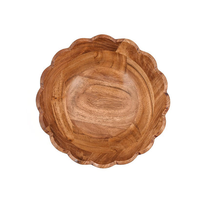 Salad Bowl Acacia Wood Elegant Scalloped Bowl Handcrafted for Salads, Fruits, – Stylish Wooden Kitchen & Tabletop Accessory (9" x 9" x 4")