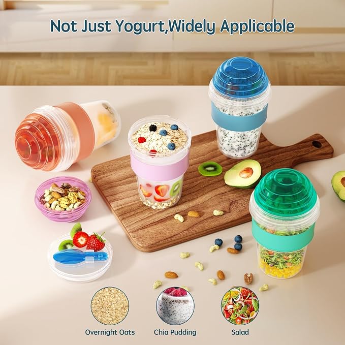 4 Pack Yogurt Parfait Cups with Lids Reusable, 20 oz Plastic Overnight Oats Containers with Lids Spoons Granola Compartment for Fruit Nuts, To Go Overnight Oat Jars for Oatmeal, Snack, Breakfast Prep