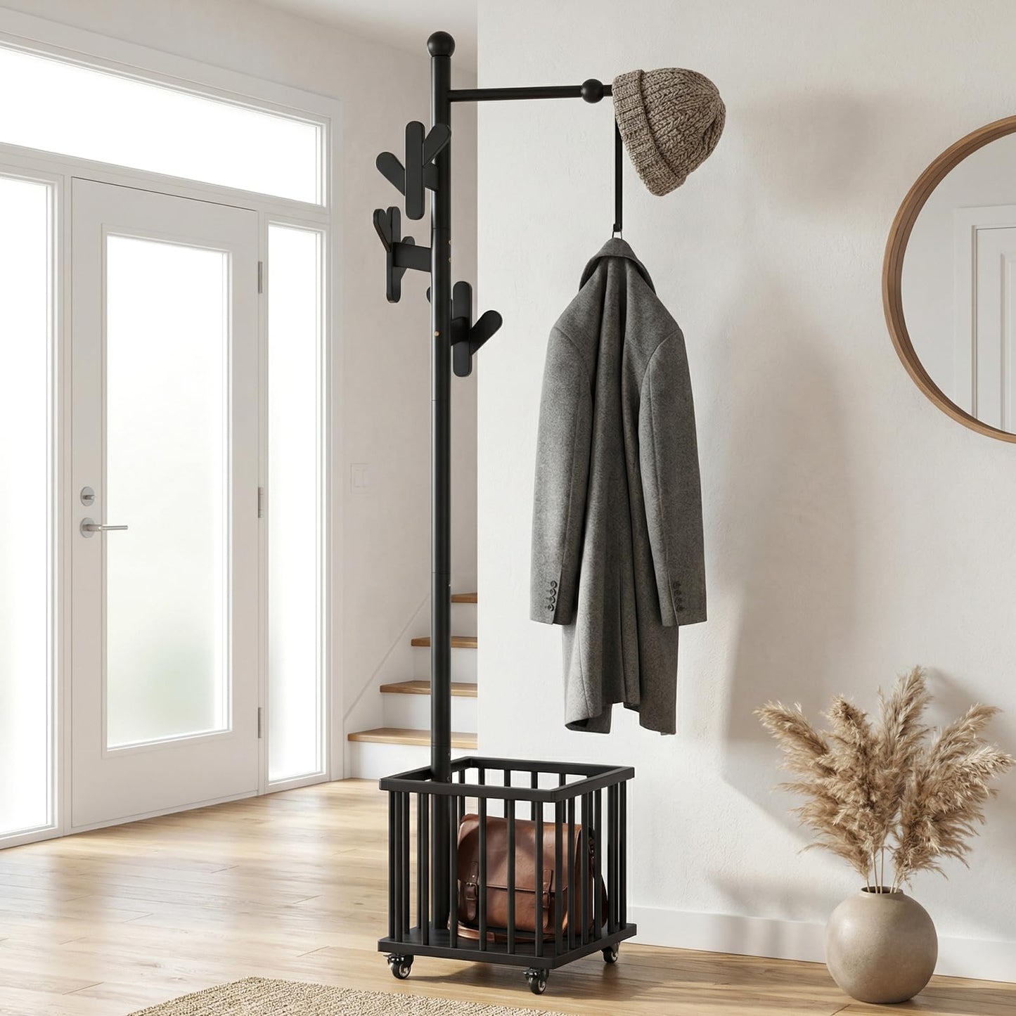 Cactus Freestanding Wooden Coat Rack with Storage Basket,Black Coat Rack with Hooks and Wheels, Space-Saving Entryway Organizer for Hanging Clothes, Bags and Storing Towels, Toys, Bedroom, Living Room