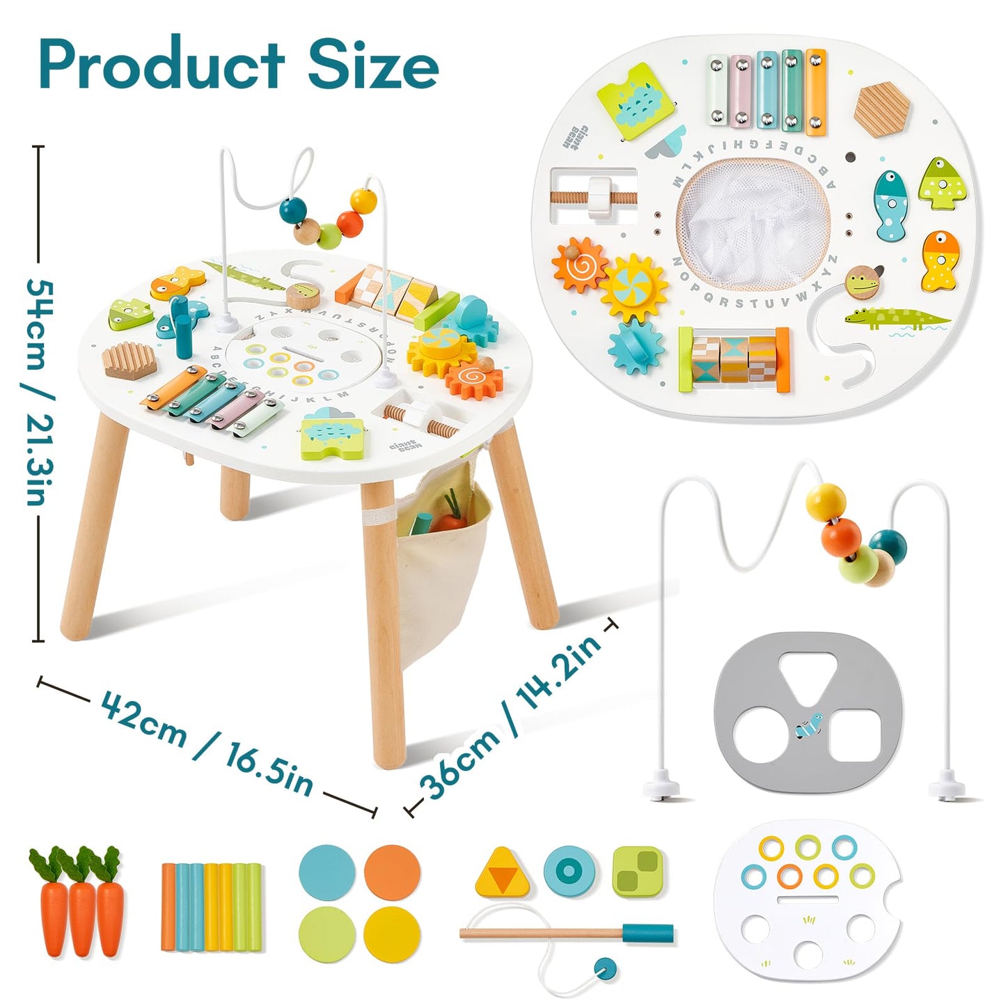 Giant bean® Wooden Activity Table for 1 Year Old, 11-in-1 Montessori Learning Table with Bead Maze, Shape Sorter, Fishing Game & More – Sensory Development Toy for Toddlers, Ideal 1st Birthday Gift