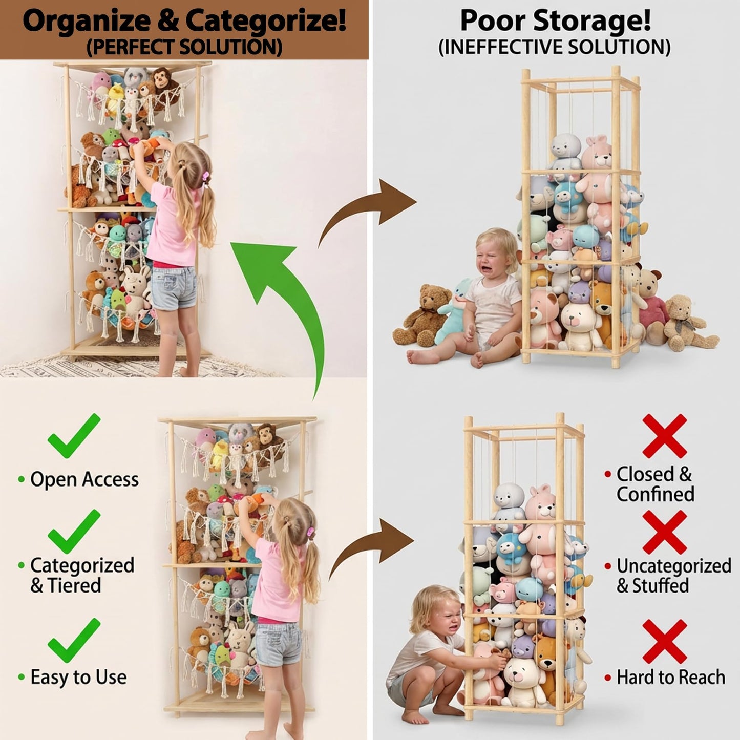 YKBU Wooden Corner Stuffed Animal Storage Organizer, 4-Tier Boho Macrame Toy Hammock Display Shelf, Free-Standing Open-Access Teddy Bear Zoo Holder for Nursery, Playroom & Kids Bedroom
