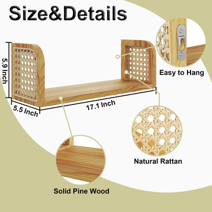 LUPWNEKA 17 Inch Rattan Wall Shelf, Wooden Hanging Bookshelf Storage, Natural Cute Nursery Shelves Wall Mounted, Boho Decorative Floating Shelves for Kids Room, Living Room, Play Room, Bedroom