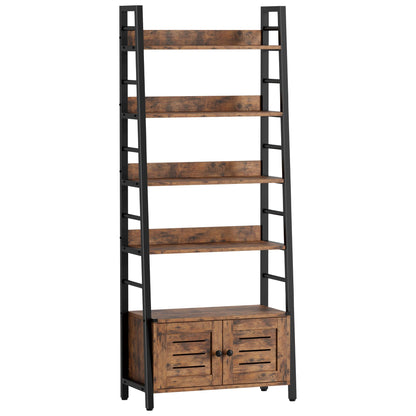 IRONCK Bookshelf with Louvered Doors, 4-Tier Ladder Shelf with Cabinet Industrial Accent Furniture for Bedroom Living Room Home Office, Rustic Brown