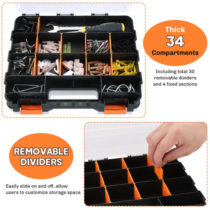 weyleity Small Parts Organizer | Storage Case Tools Box Organizer 34-Compartments Double Side Organizer Box with Removable Dividers for Small Hardware, Screws, Bolts, Nuts, Nails, Beads, Jewelry (1)