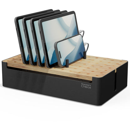 Prosumer's Choice Black Wooden Charging Station Organizer for Multiple Devices - Cable Management Box with 5 Slots and Removable Dividers - Charger Organizer for Phone, Tablet, Home, Office, 12"x6"x7"