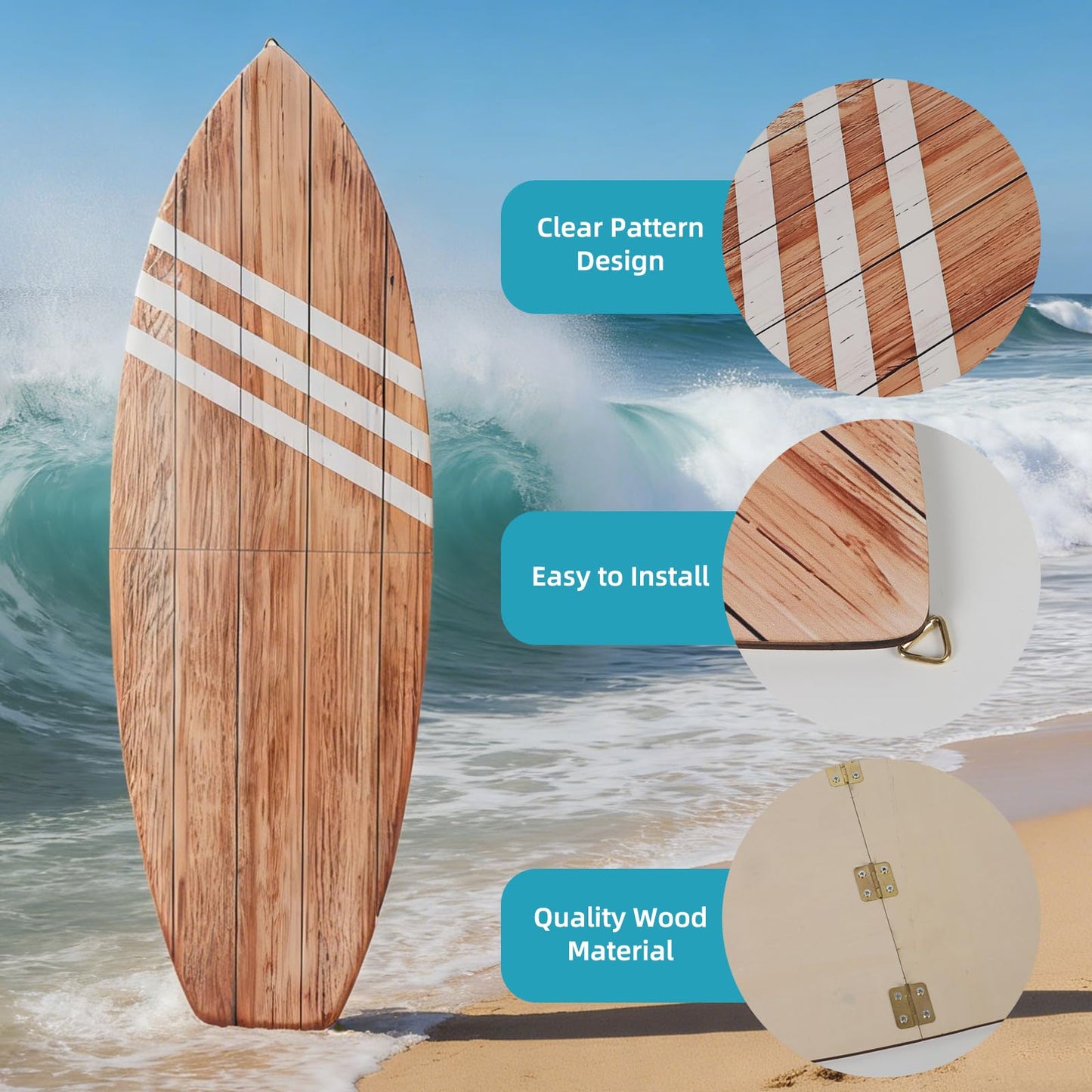 3 Pcs Surfboard Wall Decor, Large 32" x 10" Wooden Coastal Beach Wall Art, Surfboard Wall Hanging Decor for Bedroom Living Room, Nautical Summer Beach House Aesthetic Wall Decor, Ready to Hang Gift for Beach Lovers