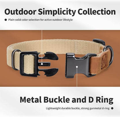Mile High Life Genuine Leather Dog Collar, Soft Cotton Pet Collars with Heavy Metal Buckle for Small Large Dogs (Khaki, L Neck 17"-21")
