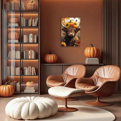 YMXDYMJSW Fall Canvas Wall Art Highland Cow with Pumpkin Pictures Prints Sunflower Paintings Autumn Harvest Artwork for Thanksgiving Kitchen Decor Framed (Brown,20L x 16W)