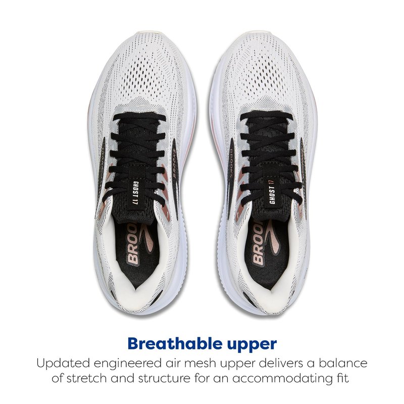 Brooks Women’s Ghost 17 Neutral Running Shoe - White/Black/Rose Gold - 8 Medium