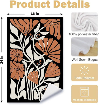Abstract Boho Black and Beige Brown Floral Kitchen Towels Set of 2, 70s Retro