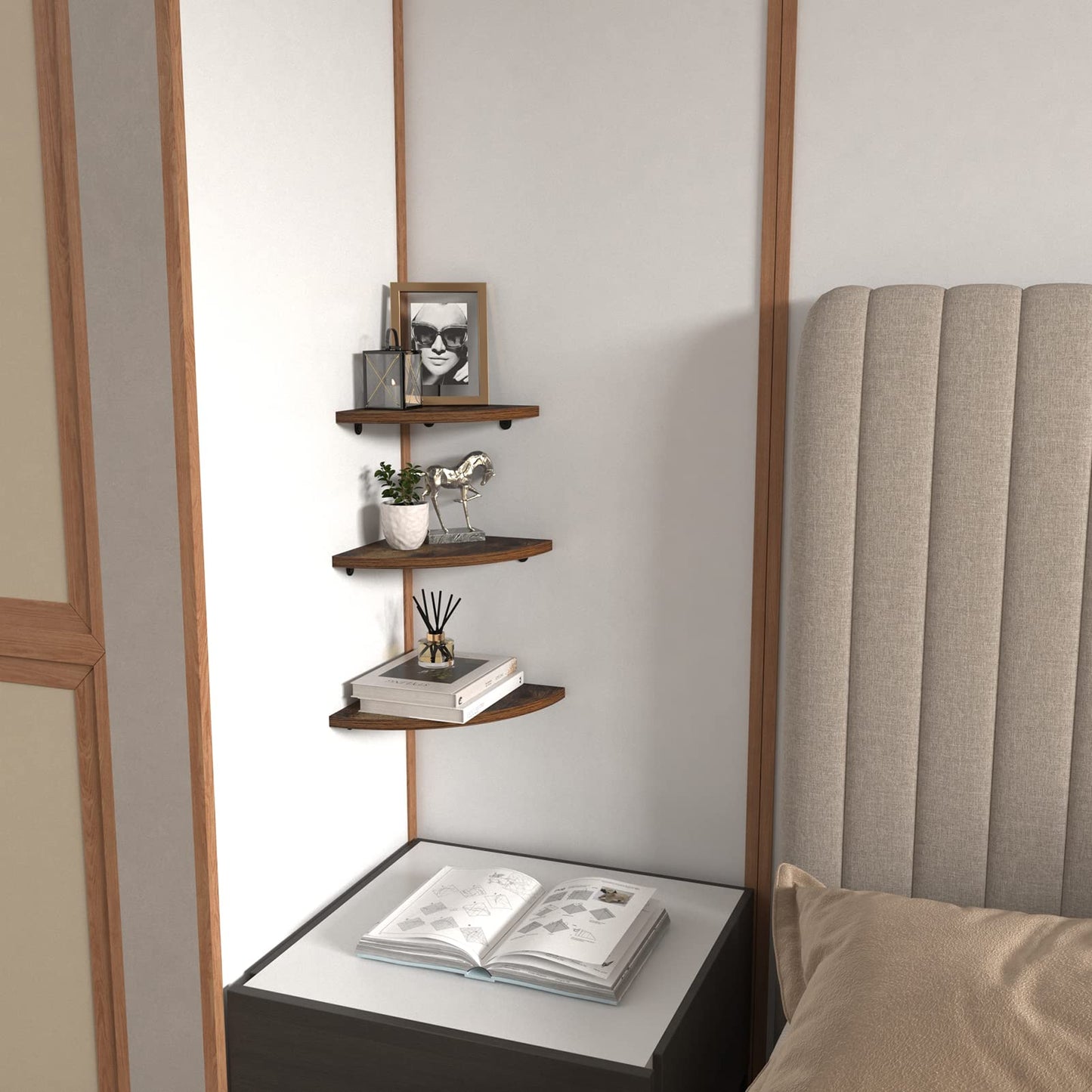 HORLIMER 6 Pack Wall Mount Floating Corner Shelf, Rustic Wood Corner Wall Shelves for Bedroom, Living Room, Bathroom, Kitchen